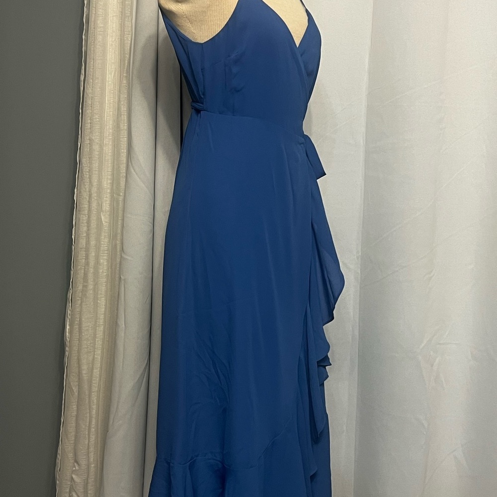 Lulus Manhattan Moment Ruffled Midi Wrap Dress Size S Blue Straps Sleeveless nwt - Picture 3 of 14